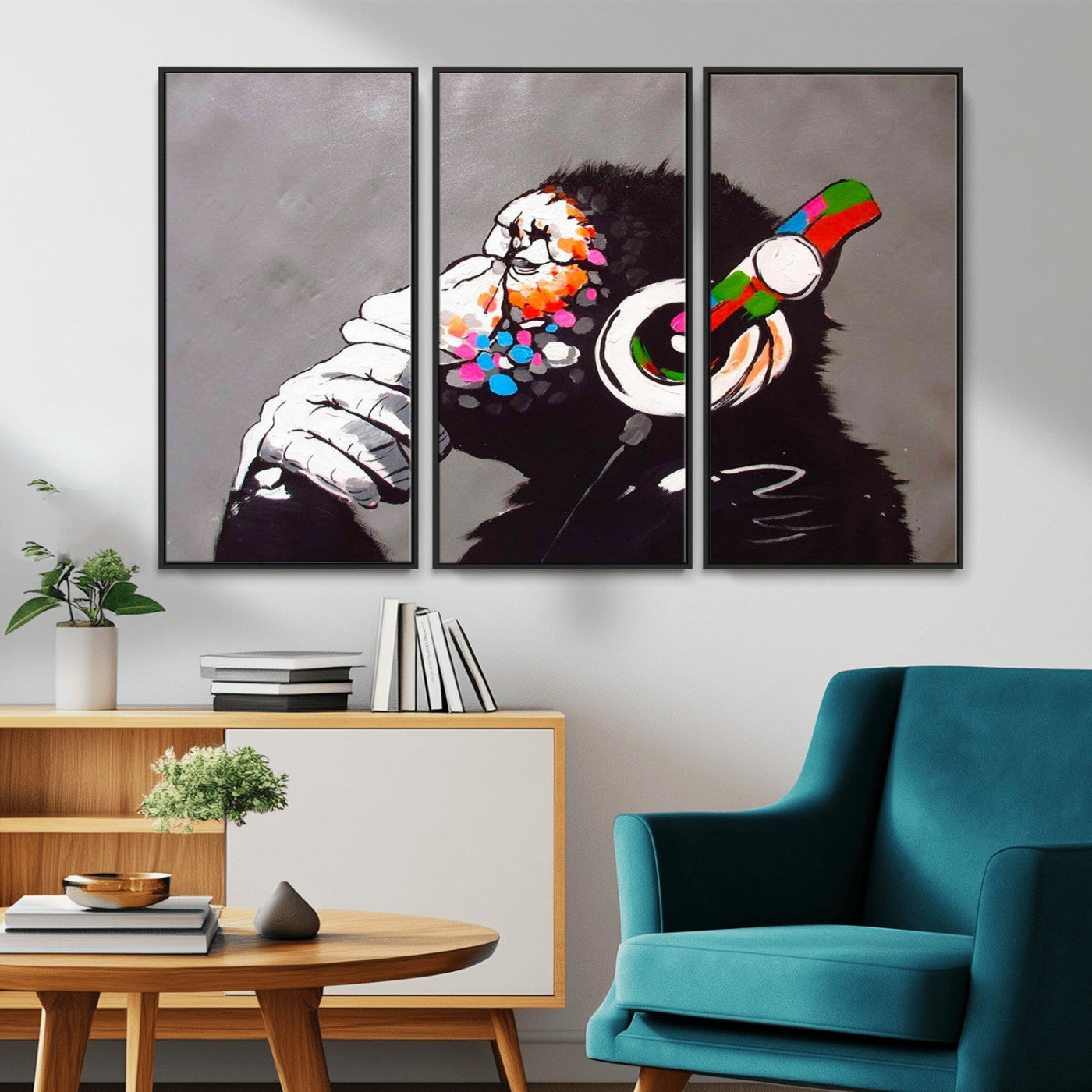 MGV-FC-48X32-3P - Dj Monkey Listening to Music Wall Art Print | Banksy Monkey Large Canvas Print for Living Room,