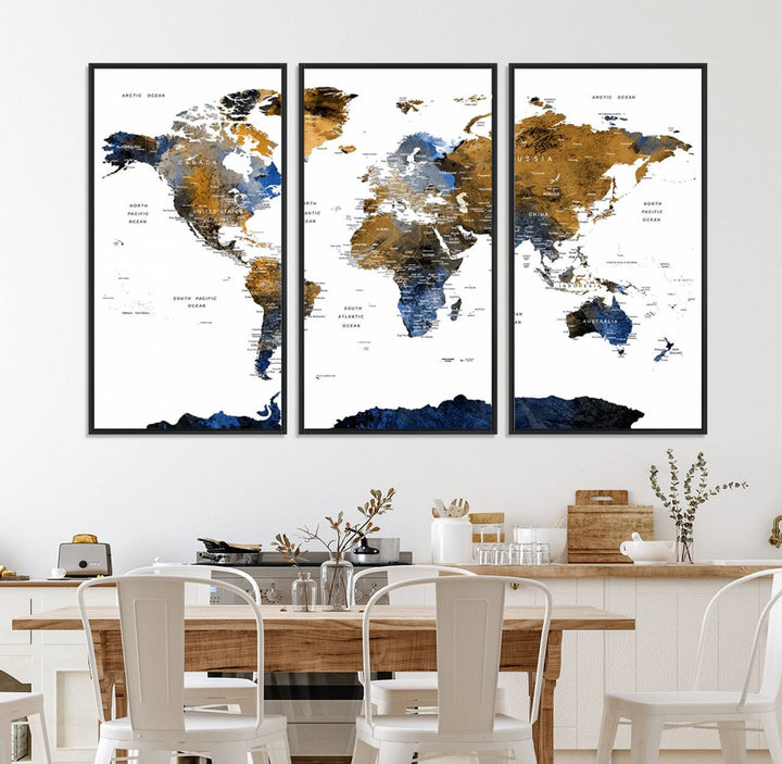 The Triptych Modern World Map Canvas in blue and brown is an ideal global decor piece for enhancing living rooms or offices. It comes ready to hang.