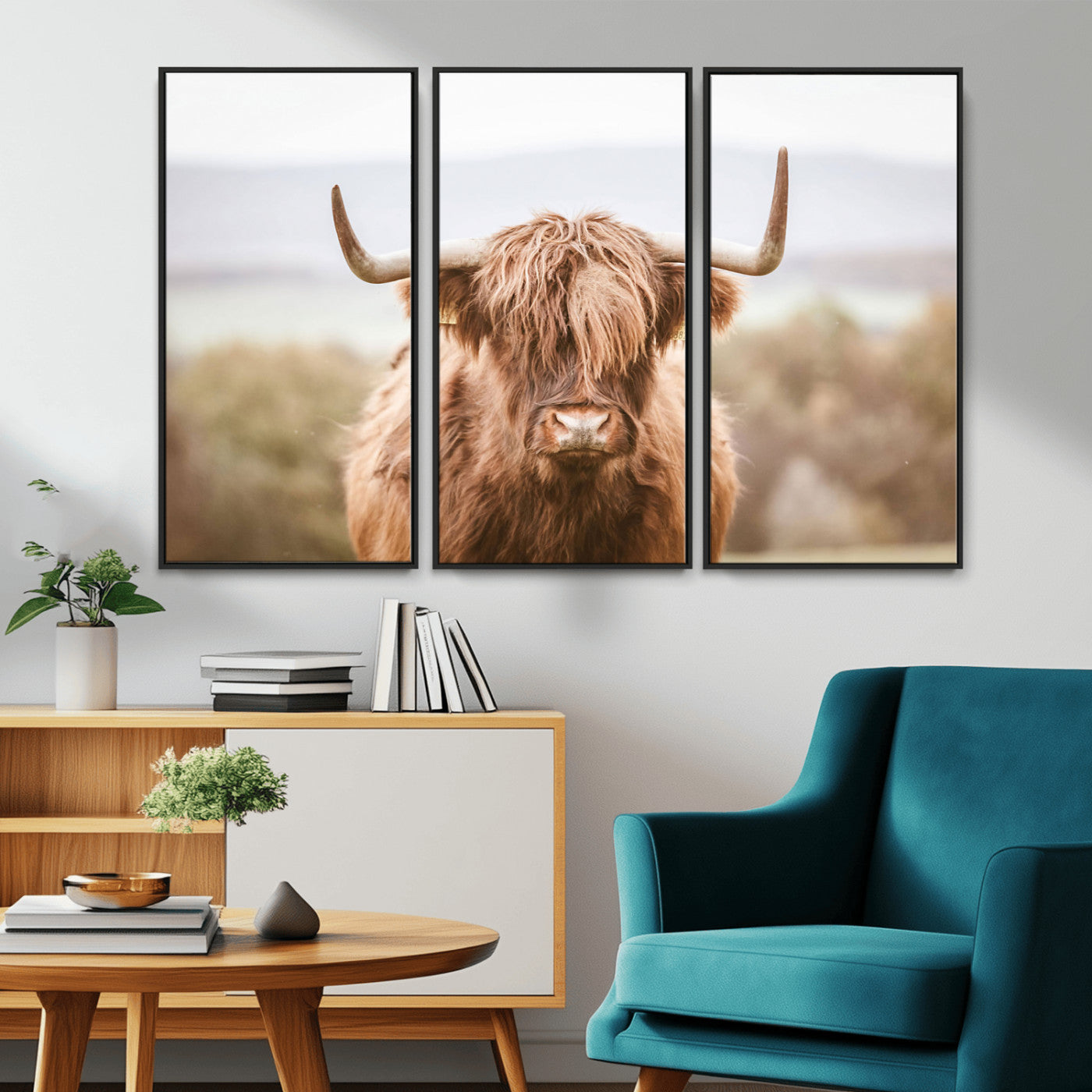 MGV-FC-48X32-3P - Scottish Serene Highland Cow Canvas Wall Art – Serene Highland Cow in Natural Pastel Tones – Ready