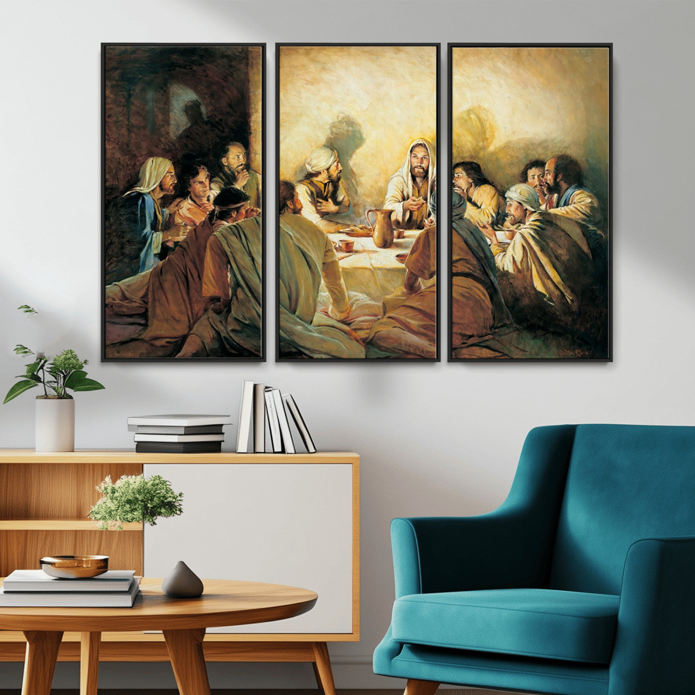 Framed canvas print of the Last Supper, depicting Jesus and his disciples, perfect for religious or Christian-themed home decor.