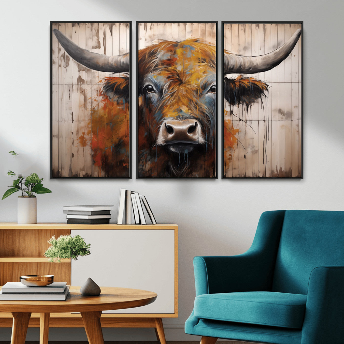 MGV-FC-48X32-3P - Abstract Bull Highland Cow Canvas Wall Art Print – Vibrant Rustic Charm in Modern Farmhouse Decor –