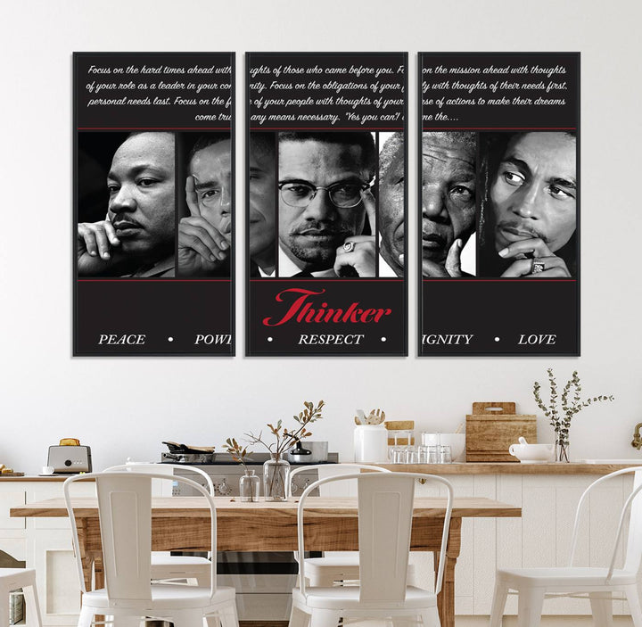 The Thinker Quintet Canvas Wall Art features portraits of Martin, Obama, Malcolm X, Mandela, and Marley, each representing virtues such as Peace and Power.