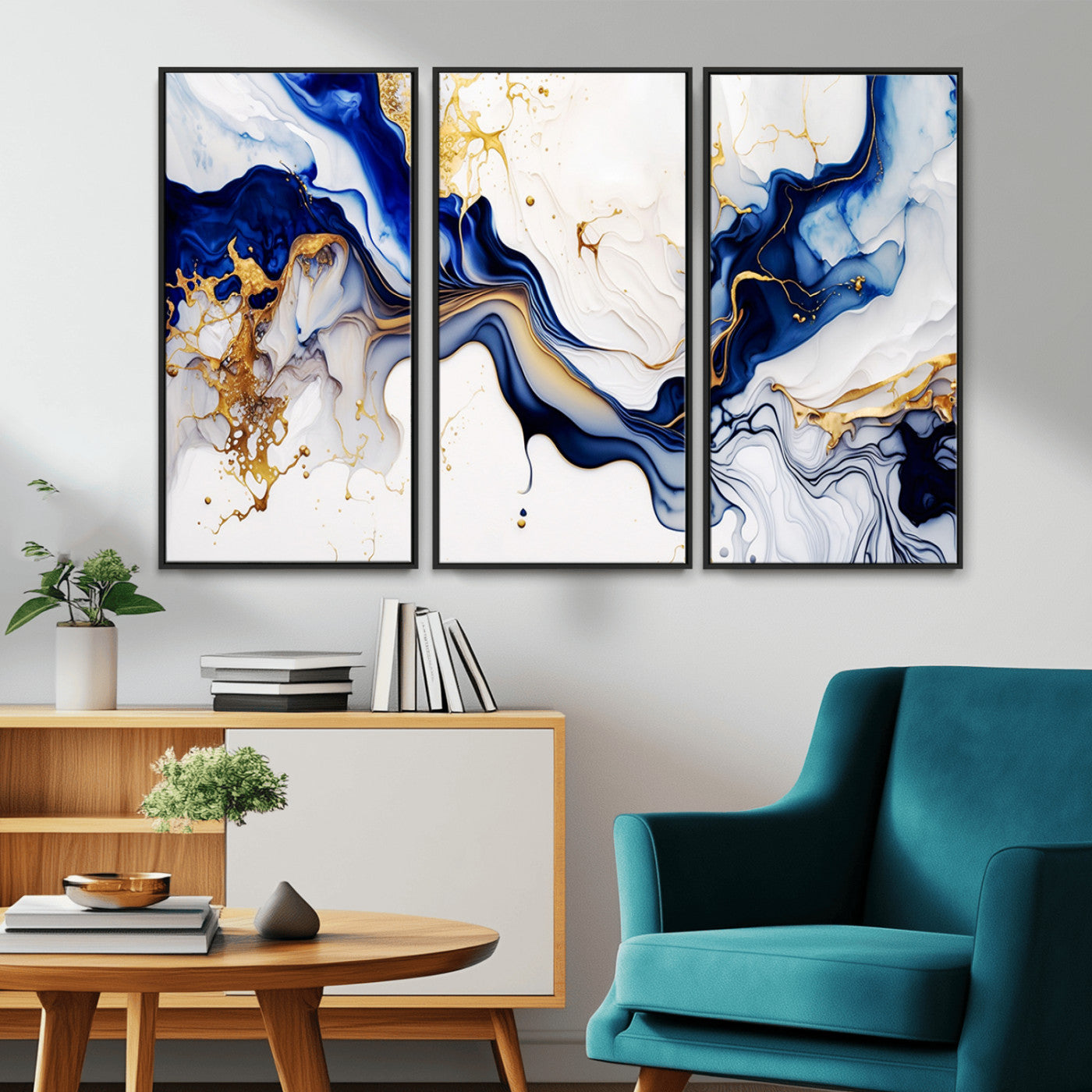 MGV-FC-48X32-3P - Golden Cascades on Midnight Blue – Deep Blue Abstract Wall Art Flowing Elegance | Wall Art Canvas,