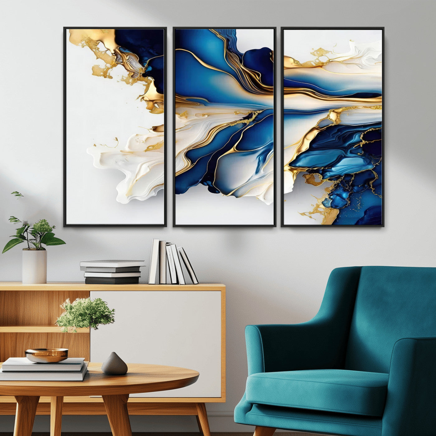MGV-FC-48X32-3P - Gold Marble Art - Abstract Geode Gold And Blue Marble Shape 3 Pieces Wall Art Canvas Print