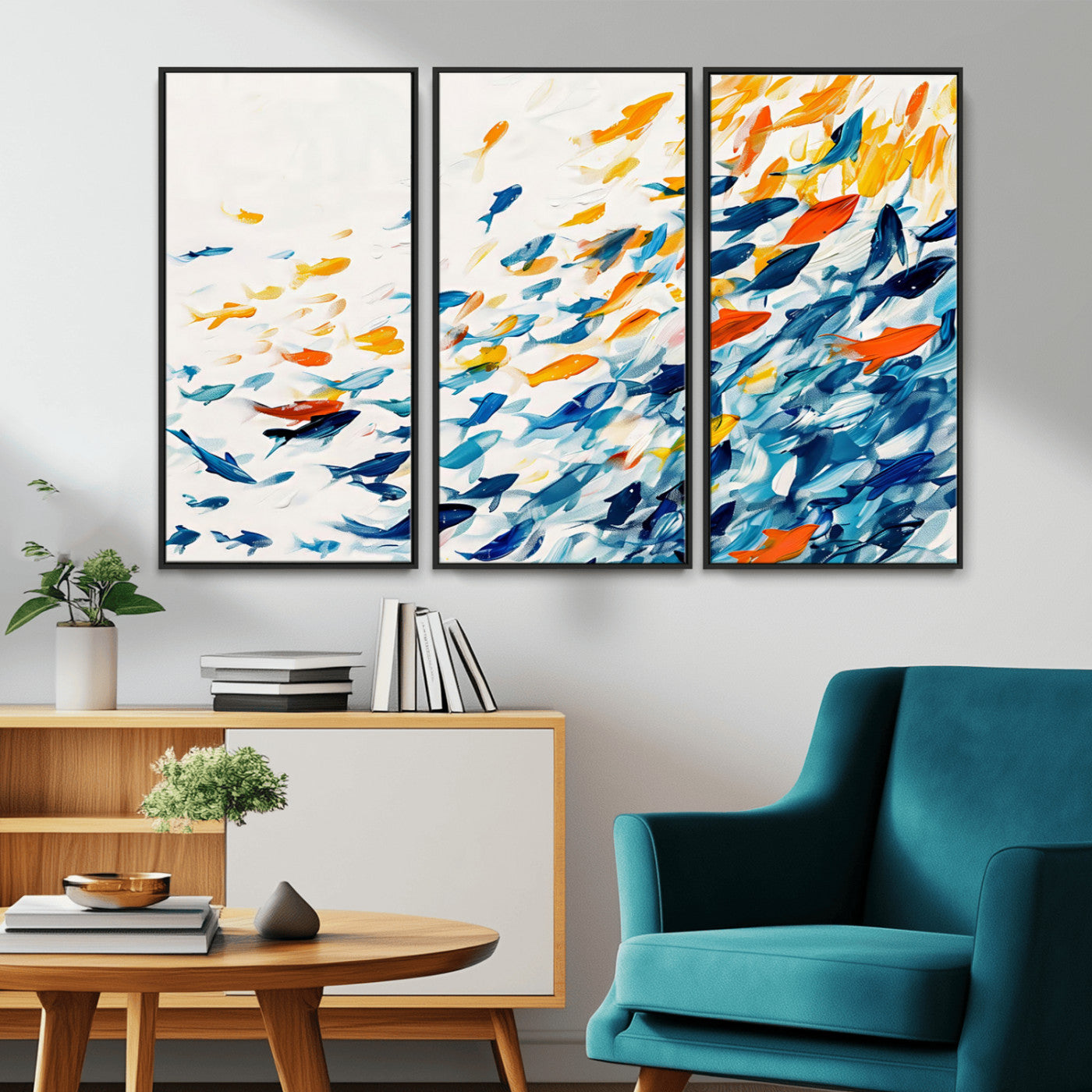 MGV-FC-48X32-3P - Abstract Fish Shoal Wall Art Canvas Print, Colorful Fish Herd Painting on Canvas Print, Ocean Animal