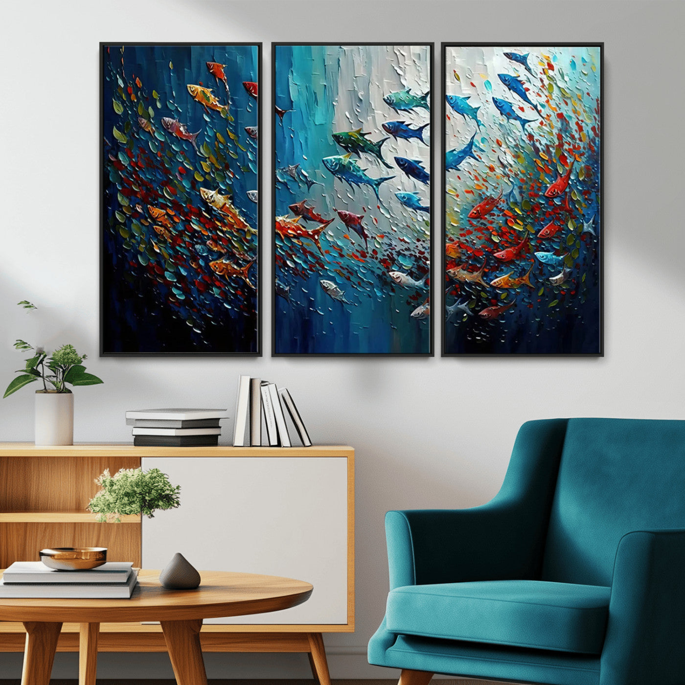 MGV-FC-48X32-3P - Modern Abstract Fish Shoal Wall Art Canvas Print, Colorful Fish Herd Painting on Canvas Print, Ocean