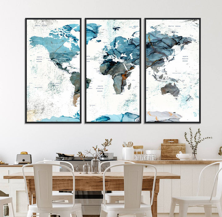 Push Pin World Map Wall Art Canvas Print adds a touch of elegance to the home decor.