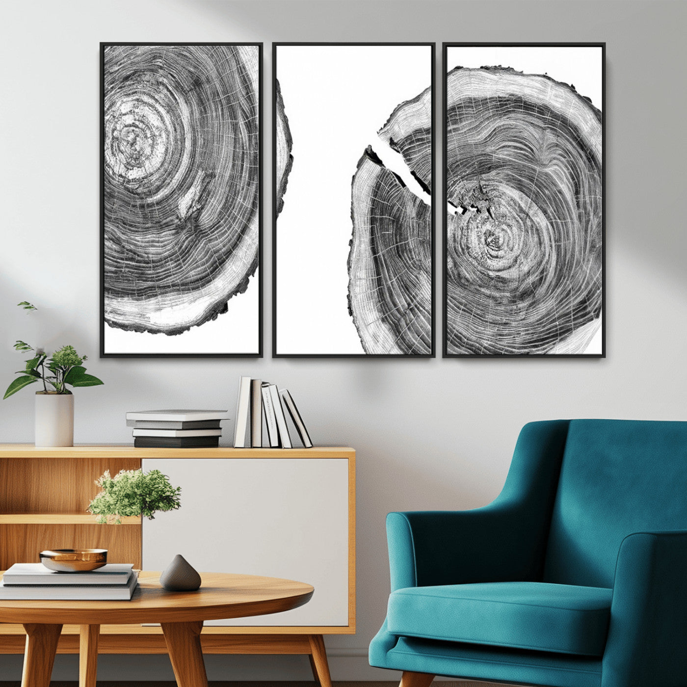 MGV-FC-48X32-3P - Modern Black and White Tree Rings Canvas Wall Art – Nature Inspired Wood Slice Print – Minimalist