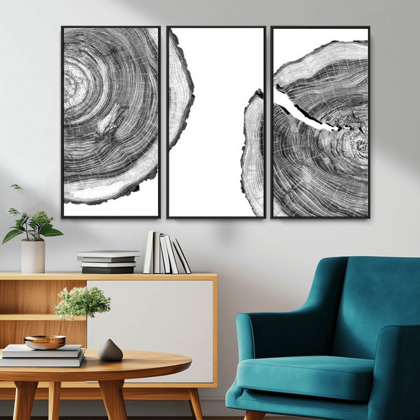 MGV-FC-48X32-3P - Abstract Large Tree Rings – Minimalist Black and White Wood Art | Triptych Canvas, Modern Wall Decor