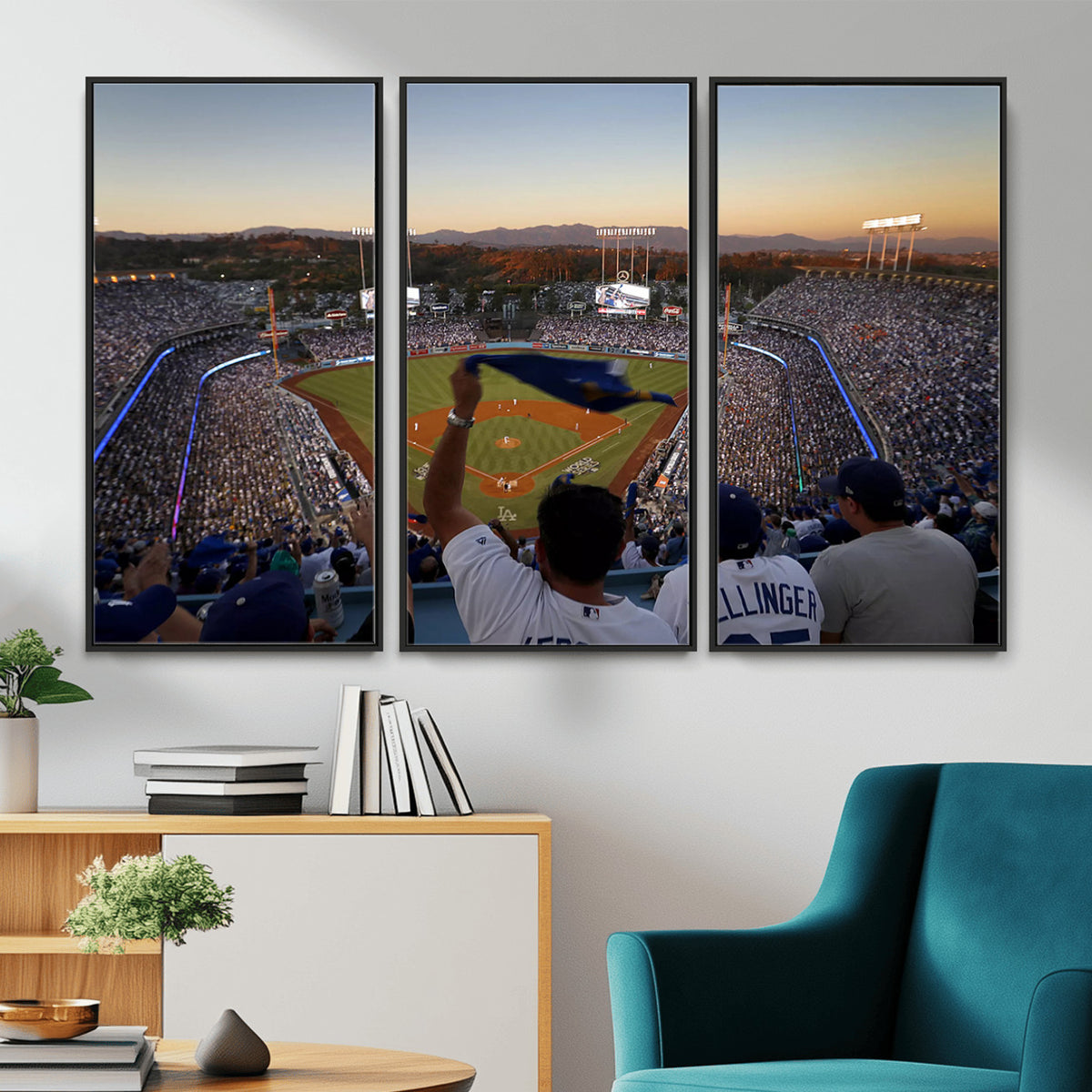 60162-MGV-CV-36X24 - Dodger Stadium Sunset Game Triple Canvas Wall Art, Los Angeles Dodgers MLB Match