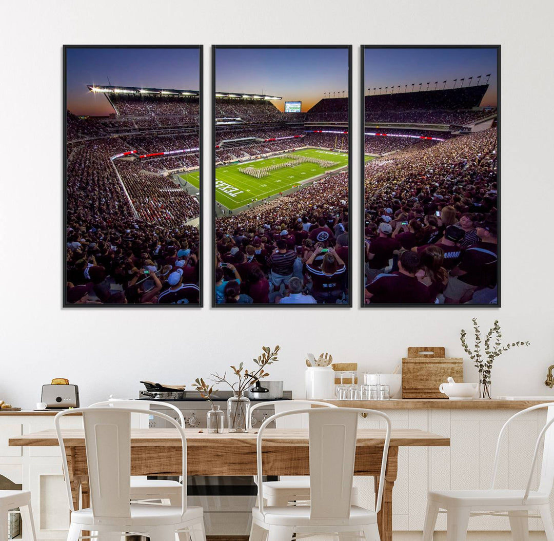 A vibrant canvas print of Texas A&M Aggies at College Stations Kyle Field Stadium captures the energy of fans cheering as the band marches at sunset.