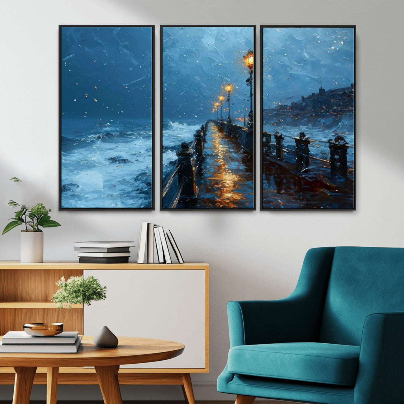 MGV-FC-48X32-3P - Stormy Night at Beach Pier Oil Painting Large Wall Art Print, Framed Canvas Nature Wall Decor,