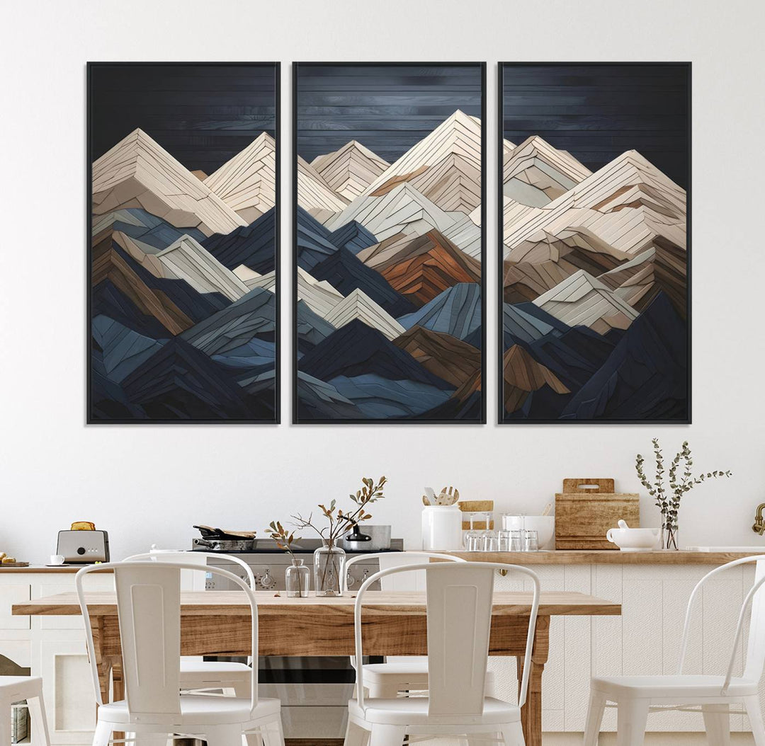 Abstract wood mountain range wall art in a 3-piece set featuring shades of blue, brown, and cream, ideal for modern rustic decor.