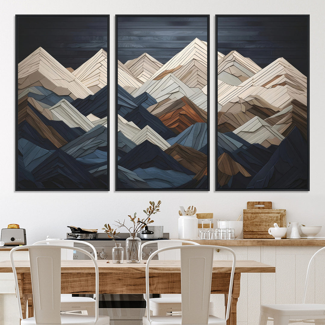 Rustic Mountain Landscape Wall Art Print - Wooden 3D Effect Mountain Canvas Print - Textured Peaks Wall Art for Cabin or Lodge Decor