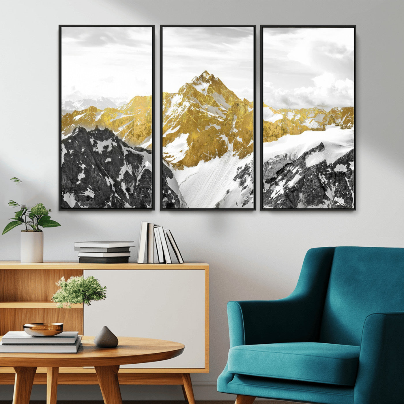 MGV-FC-48X32-3P - Gold Abstract Mountains Wall Art Print on Canvas, Nature Wall Art Print,