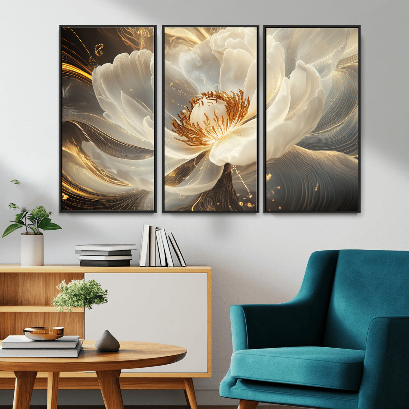 MGV-FC-48X32-3P - Gold Floral Wall Art Canvas Print, Framed Modern Flower Art Print, Golden Abstract Perfect for