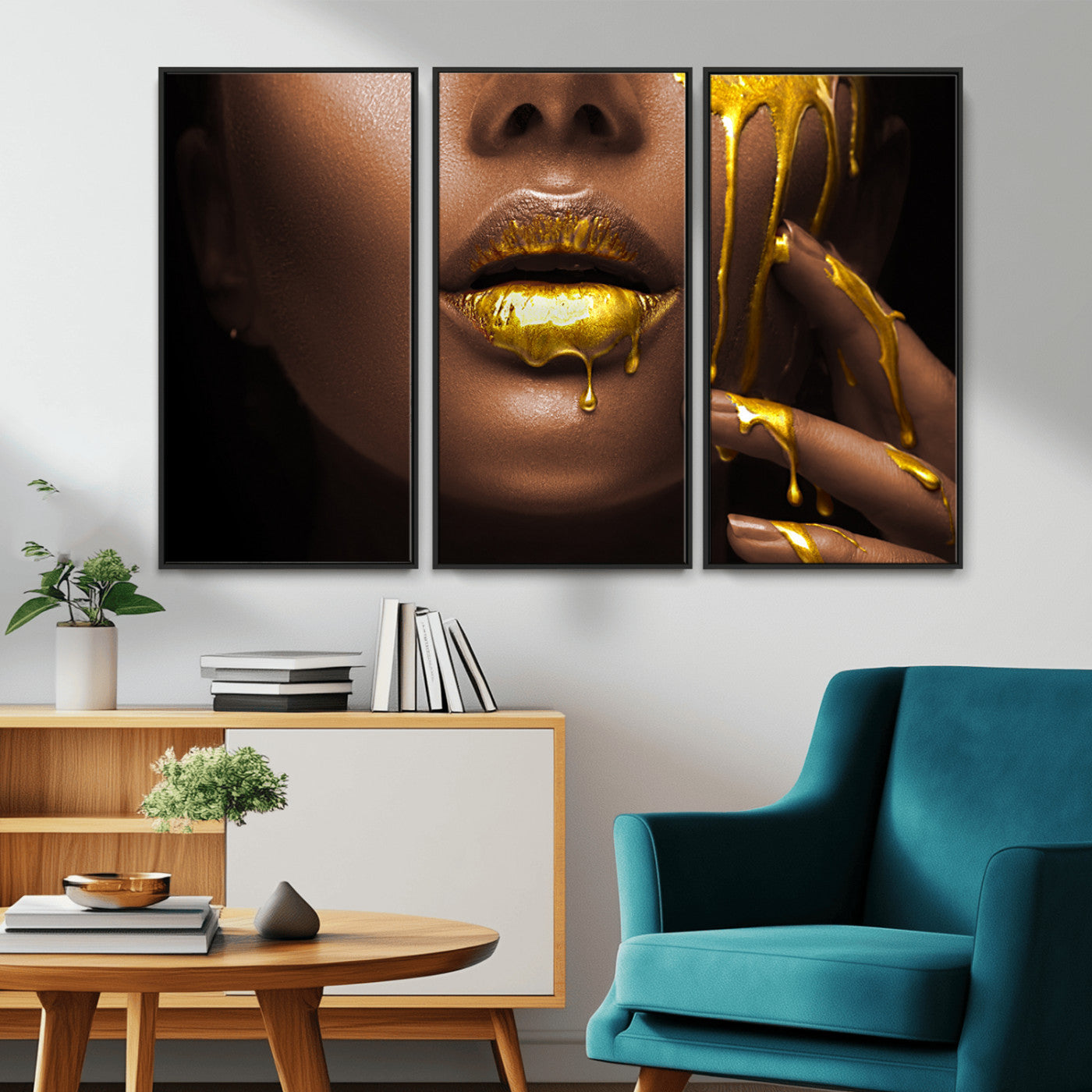 MGV-FC-48X32-3P - African American Art Black Woman Canvas Print, African Wall Art, Fashion African Woman Gold Lips