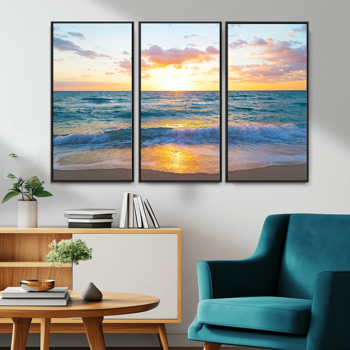 MGV-FC-48X32-3P - Golden Sunset Over Ocean Waves - Serene Coastal Triptych Wall Art for Relaxing Home Decor, Ready to