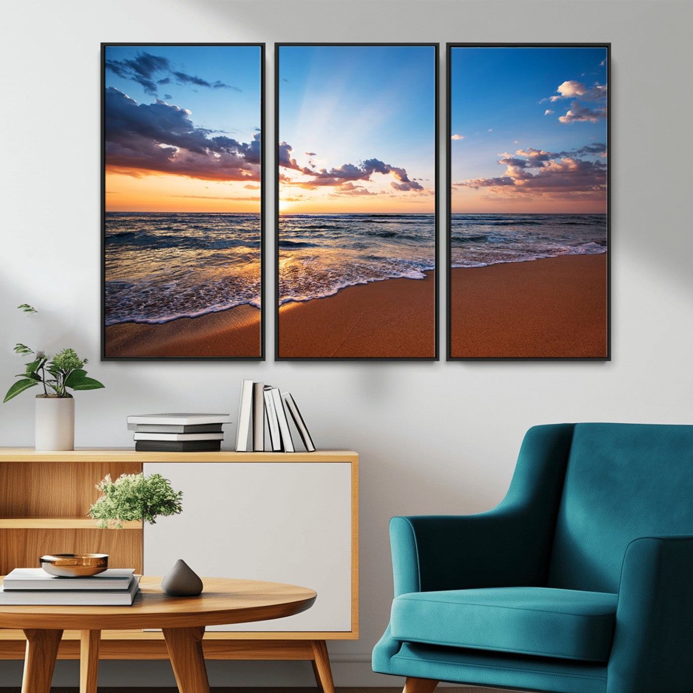 MGV-FC-48X32-3P - Golden Hour Beach Sunset Wall Art | Canvas Print | Ready to Hang | Coastal Wall Art for Living Room