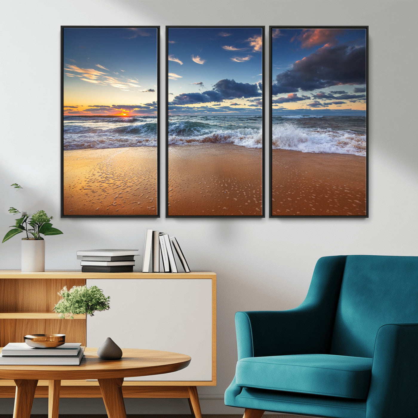 MGV-FC-48X32-3P - Beach Canvas Wall Art - Coastal Seascape Print for Living Room or Bedroom, Ocean Waves on Sand,