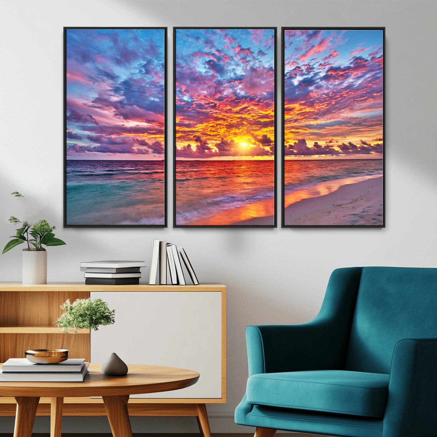 MGV-FC-48X32-3P - Vibrant Sunset Beach Wall Art - Ocean Sunset Canvas Print | Coastal Wall Art Decor Stunning Sunset