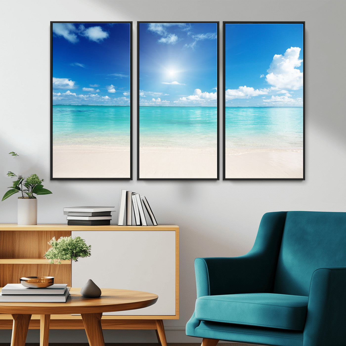 MGV-FC-48X32-3P - Blue Ocean Wall Art Canvas Print - Tranquil Ocean Paradise Triptych Wall Art - Ready to Hang Beach