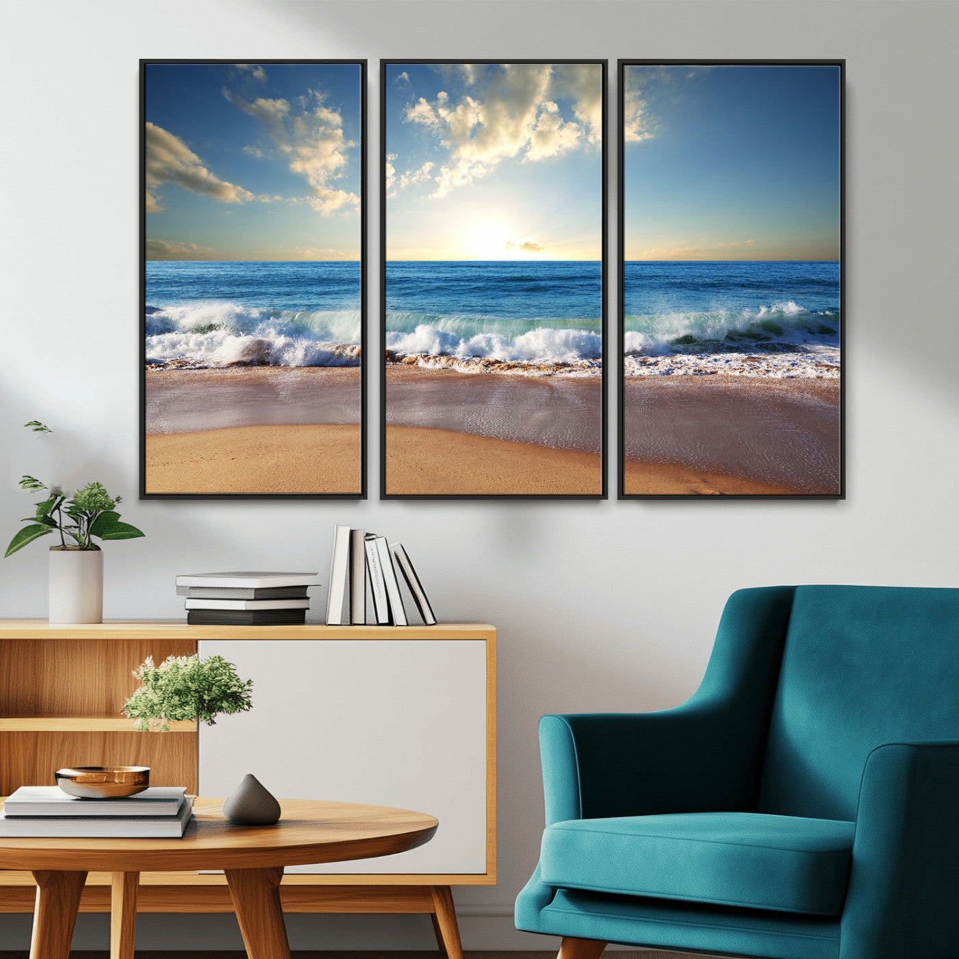 MGV-FC-48X32-3P - Serene Ocean Sunset Canvas Wall Art - Beach Waves at Sunset, Ready to Hang