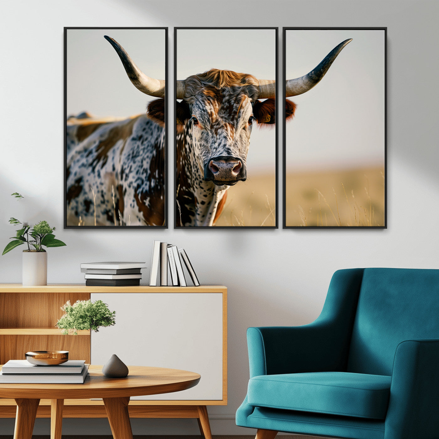 MGV-FC-48X32-3P - Texas Bull Longhorn Wall Art Canvas Print for Farm House Wall Decor, Farmhouse Wall Art Print