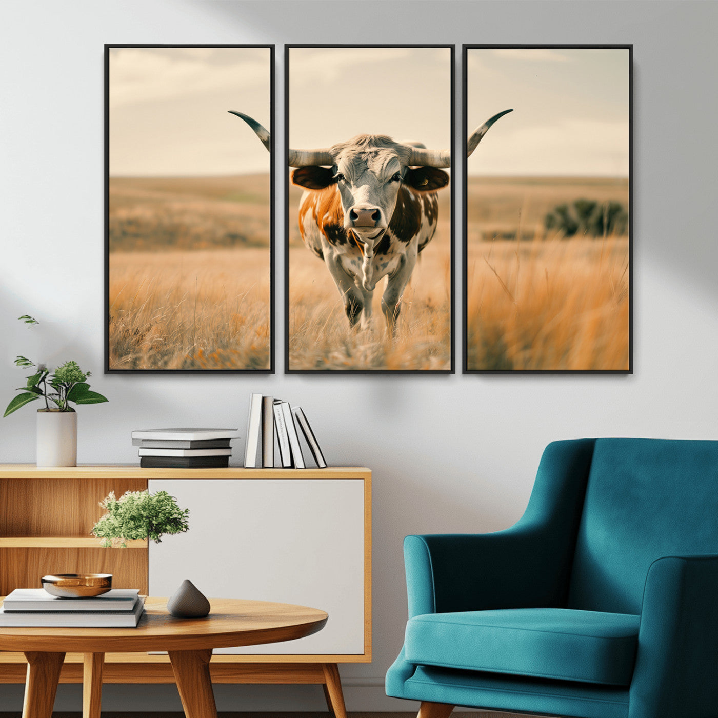 MGV-FC-48X32-3P - Texas Cow Wall Art Canvas Print for Farm House Wall Decor, Farmhouse Wall Art Print