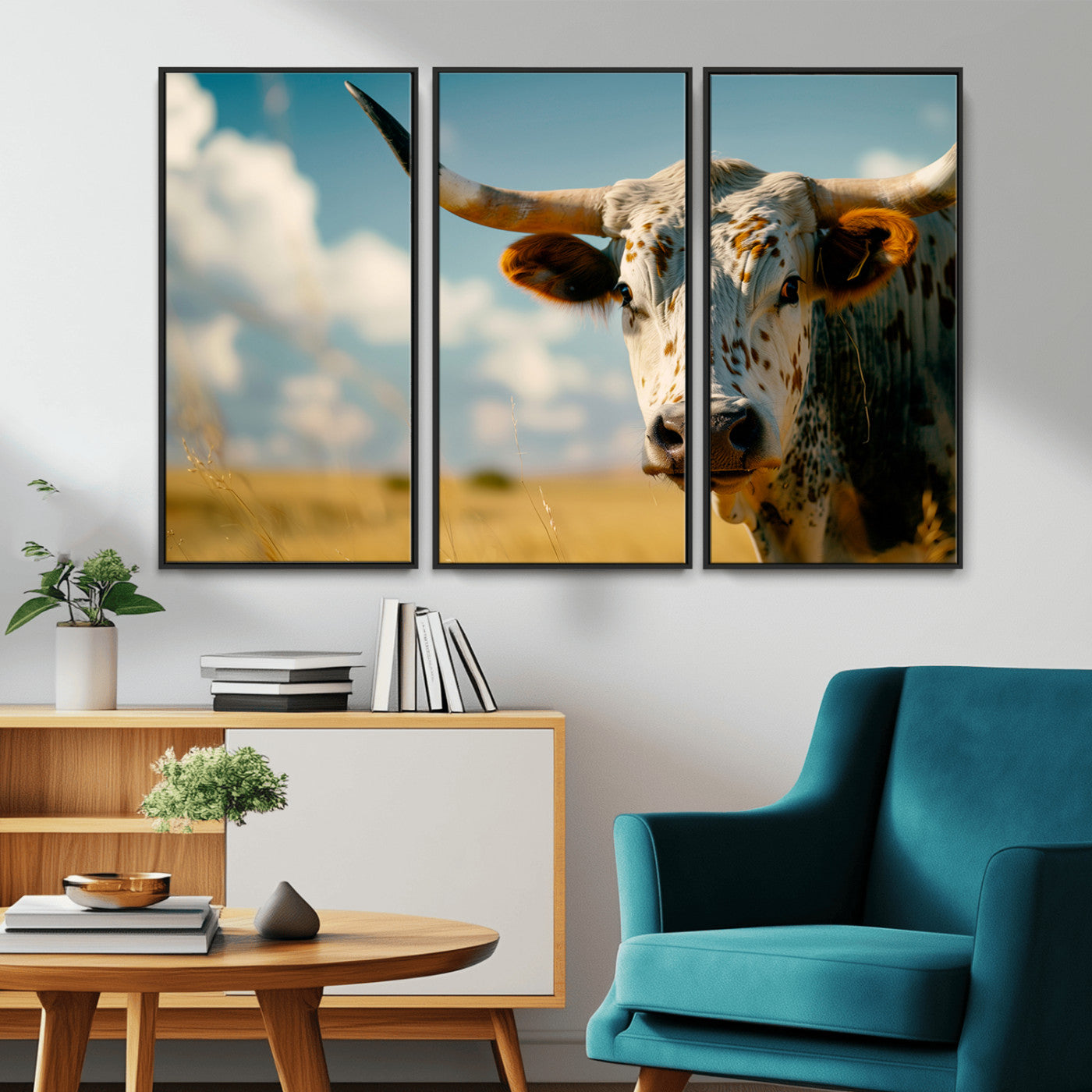 MGV-FC-48X32-3P - Longhorn in the Prairie - Stunning Ranch-Style Triptych Wall Art for Western Home Decor, Cowboy Wall