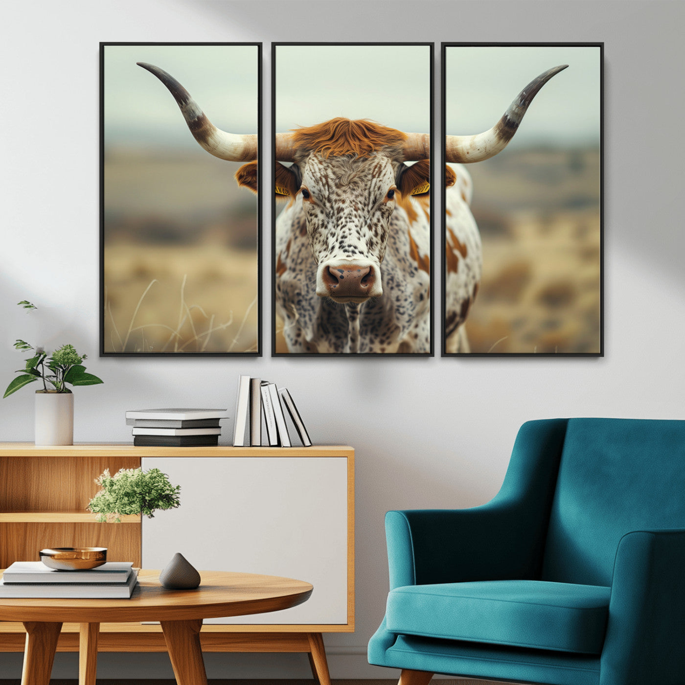 MGV-FC-48X32-3P - Texas Cow Longhorn Wall Art Canvas Print for Farm House Wall Decor, Farmhouse Wall Art Print