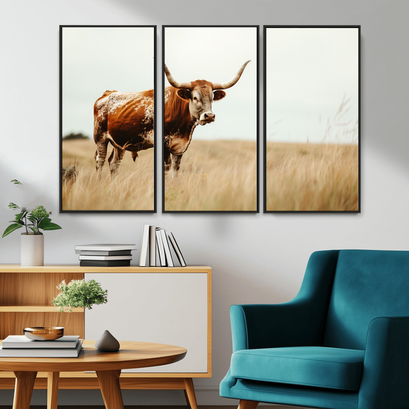 MGV-FC-48X32-3P - Texas Longhorn Canvas Wall Art Print – Majestic Western Cattle in Rustic Farmhouse Decor – Cow Wall