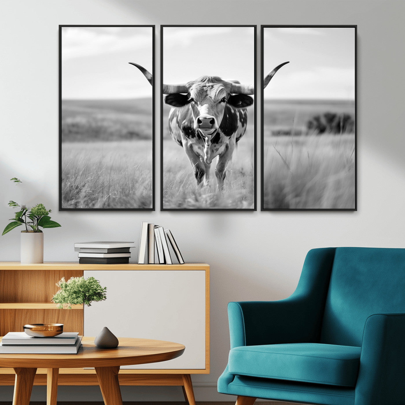 MGV-FC-48X32-3P - Texas Cow Longhorn Wall Art Canvas Print for Farm House Wall Decor, Farmhouse Wall Art Print