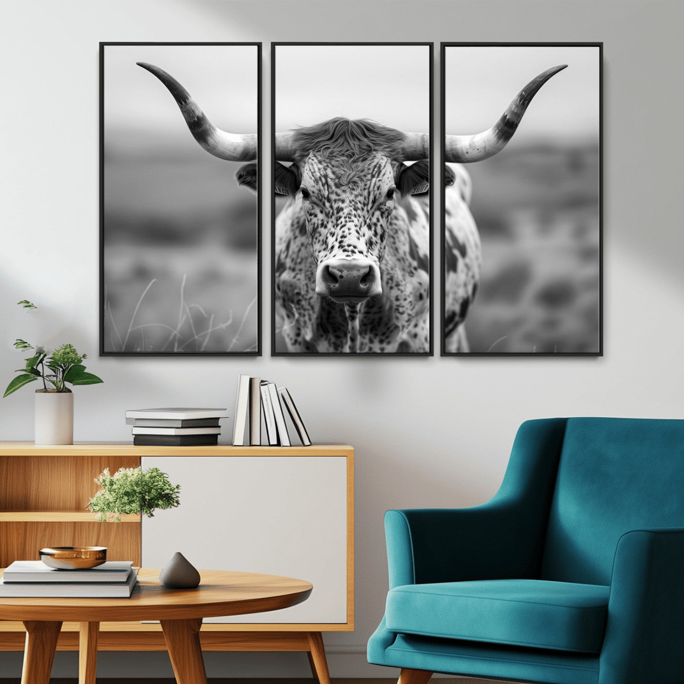 MGV-FC-48X32-3P - Texas Cow Longhorn Wall Art Canvas Print for Farm House Wall Decor, Farmhouse Wall Art Print