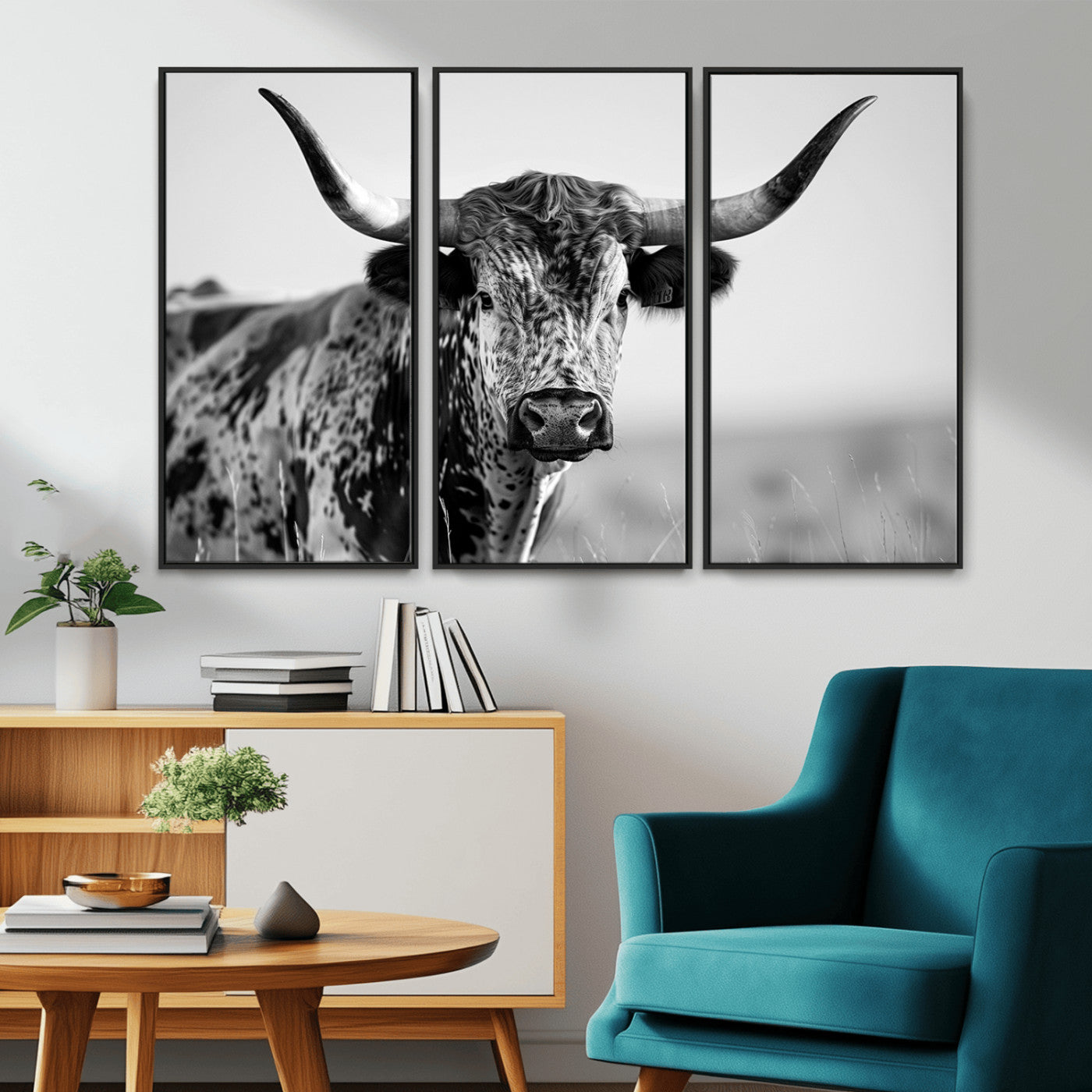 MGV-FC-48X32-3P - Texas Highland Cow Longhorn Canvas Print - Rustic Farmhouse Wall Art - Large Texas Longhorn