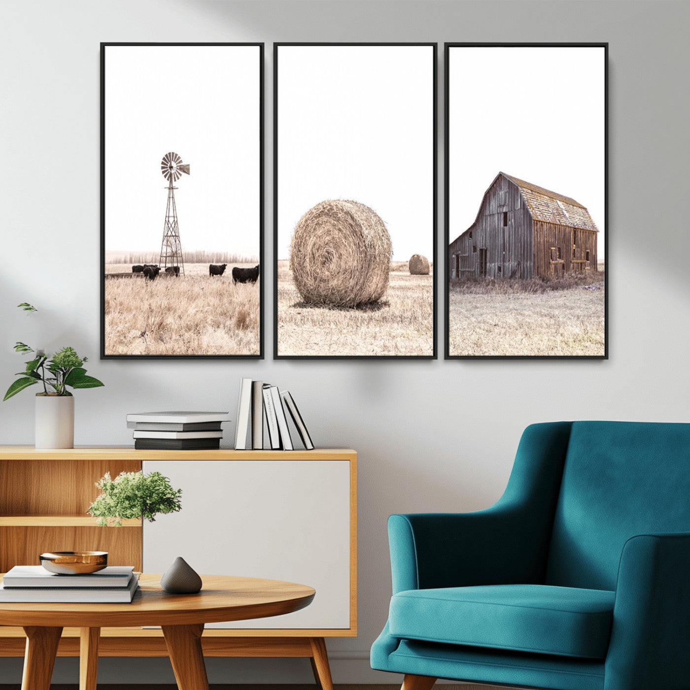 MGV-FC-48X32-3P - Rustic Farmhouse Wall Art Set of 3 – Country Barn and Wheat Field | Farm Prints for Country Home and