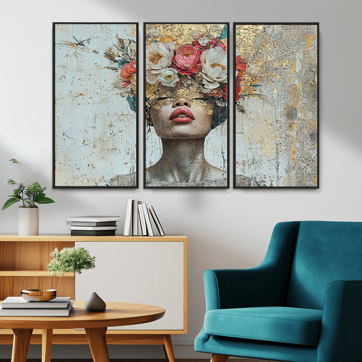 MGV-FC-48X32-3P - Golden Petal Wall Art Canvas Print - Silhouette Woman Wall Art Canvas Print, Floral Woman Portrait