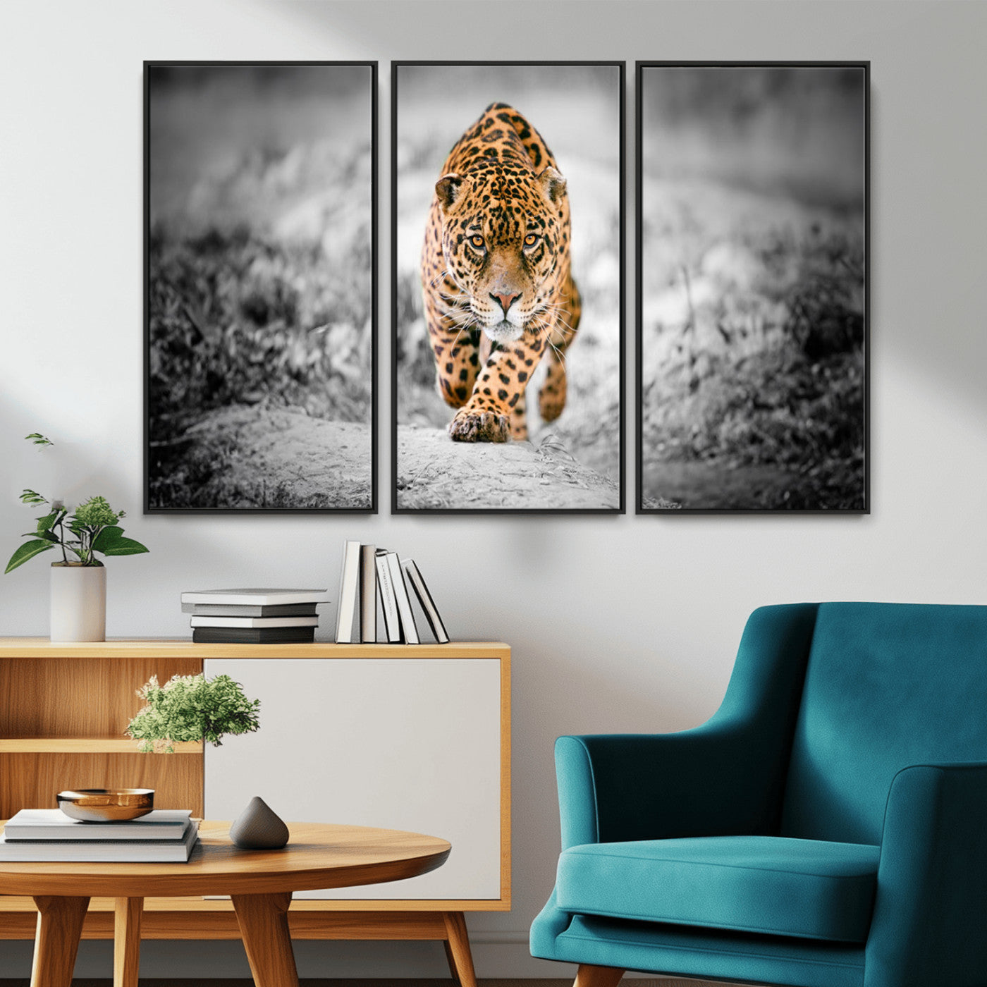 MGV-FC-48X32-3P - Jaguar Wall Art Canvas Print - Majestic Big Cat in Focused Pursuit - Ready to Hang