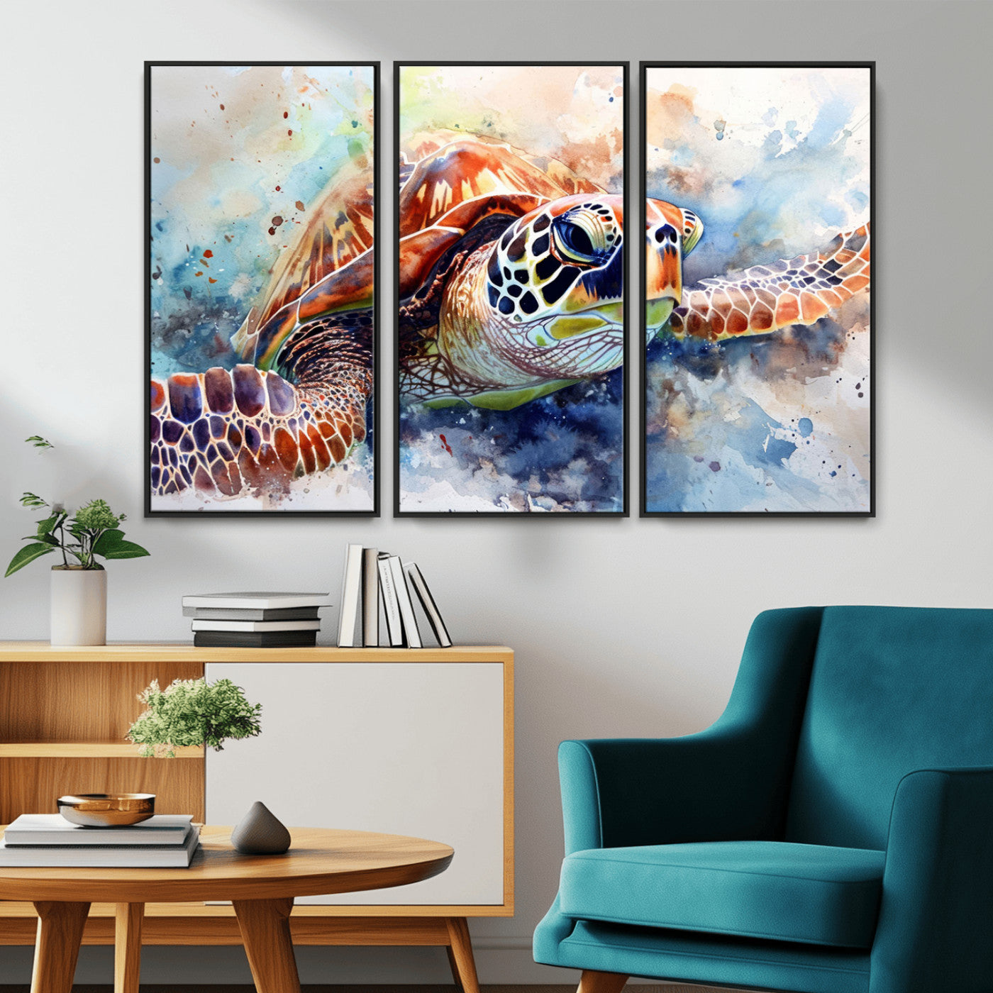 MGV-FC-48X32-3P - Watercolor Sea Turtle Wall Art Canvas Print - Vibrant Ocean Colors in Watercolor Style - Ready to