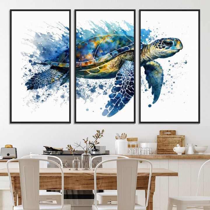 The Turtle Wall Art Print, featuring blue splashes, beautifully showcases Ocean Life.