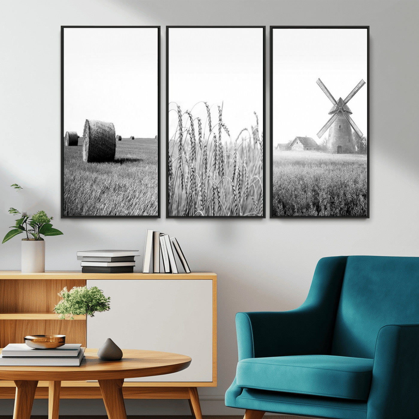 MGV-FC-48X32-3P - Vintage Farmhouse Black and White Triptych Wall Art – Giclee Canvas Featuring Wheat Fields, Hay