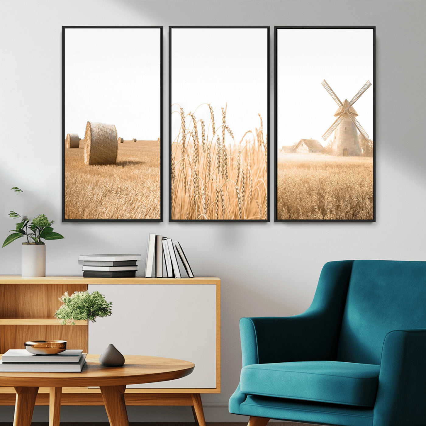 MGV-FC-48X32-3P - Vintage Farmhouse Triptych Wall Art – Giclée Canvas Featuring Wheat Fields, Hay Bales, and a