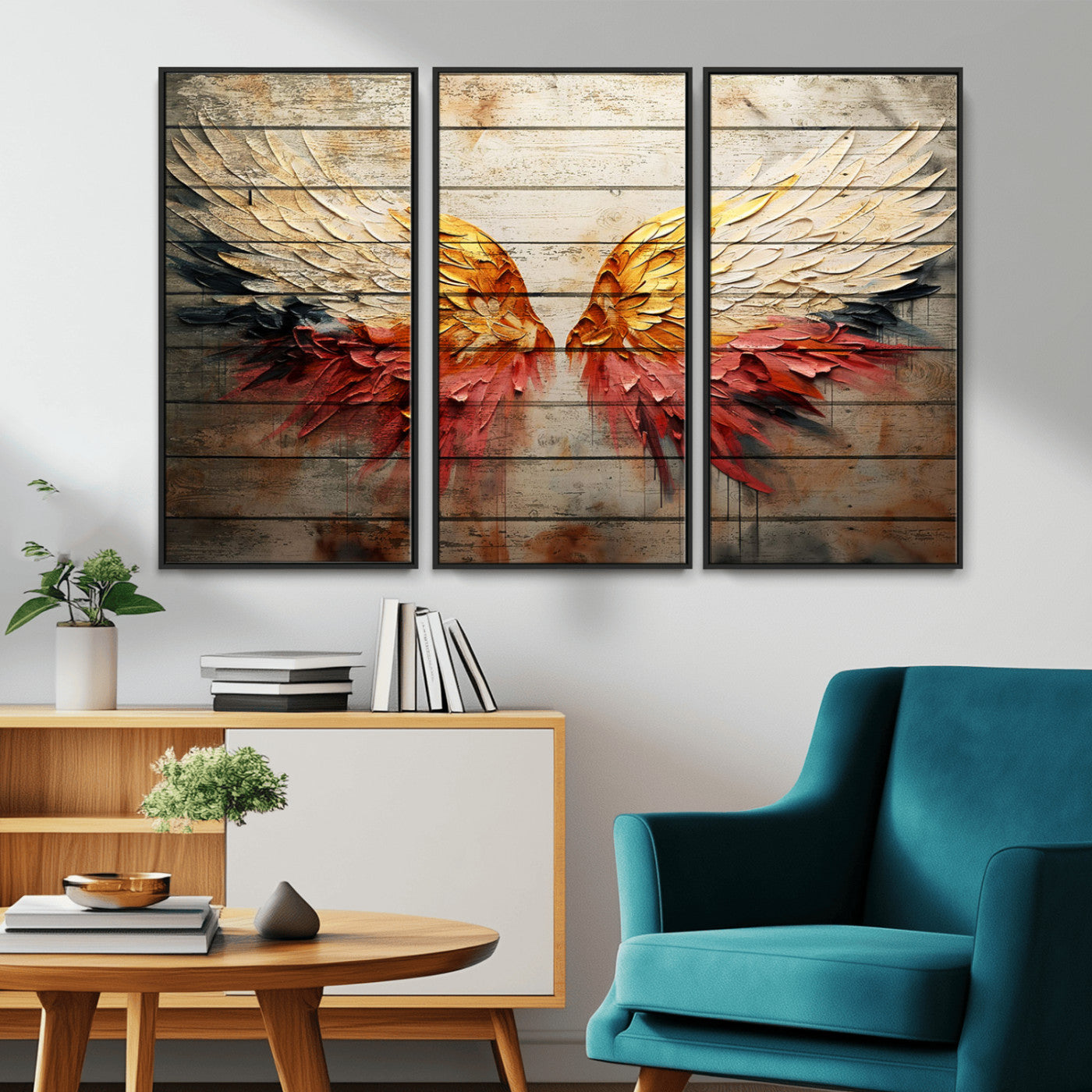 MGV-FC-48X32-3P - Abstract Angel Wings Canvas Wall Art – Framed and Ready to Hang Modern Angelic Wings Decor for