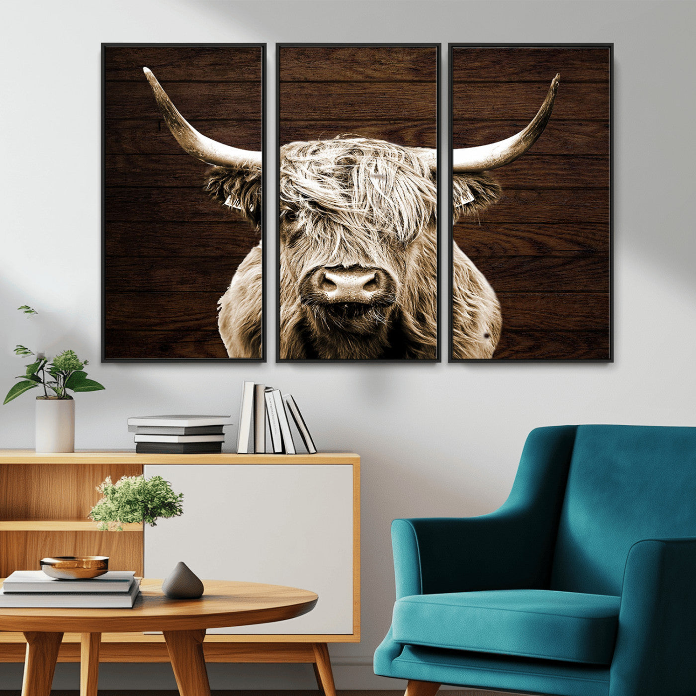 MGV-FC-48X32-3P - Highland Cow Wall Art Canvas Print, Rustic Farmhouse Decor, Majestic Scottish Highland Bull Portrait