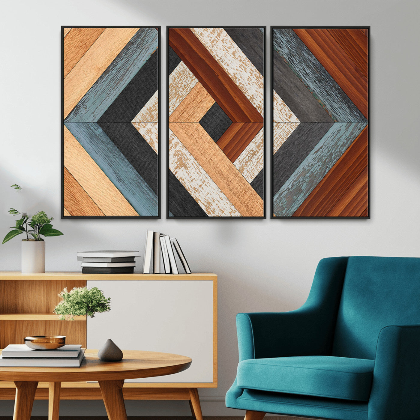 MGV-FC-48X32-3P - Geometric Wood Art Wall Decor Canvas Print, Rustic Wooden Pattern Triptych Wall Art for Living Room