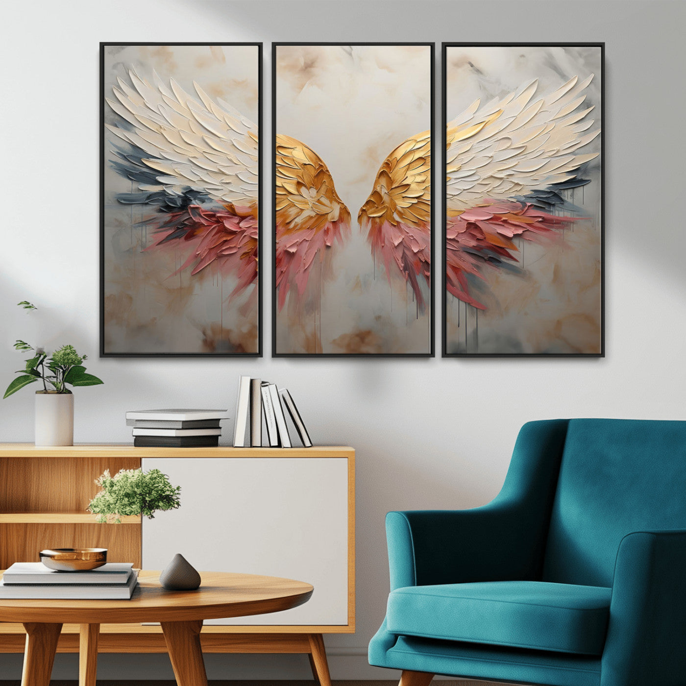 MGV-FC-48X32-3P - Golden Angel Wings Wall Art Canvas Print – Stunning Abstract Winged Art for Elegant Home Decor –
