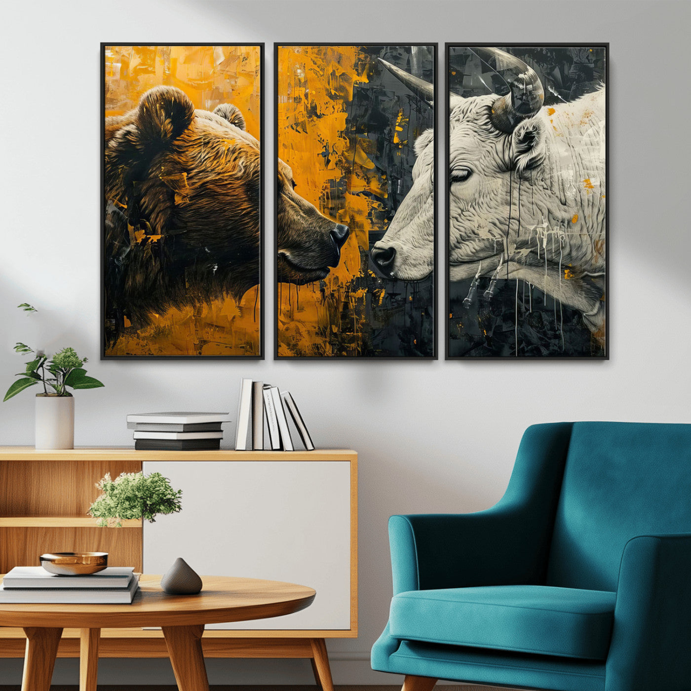 MGV-FC-48X32-3P - Bear and Bull Wall Art Canvas Print – Abstract Animal Portrait Painting for Modern Home Decor –