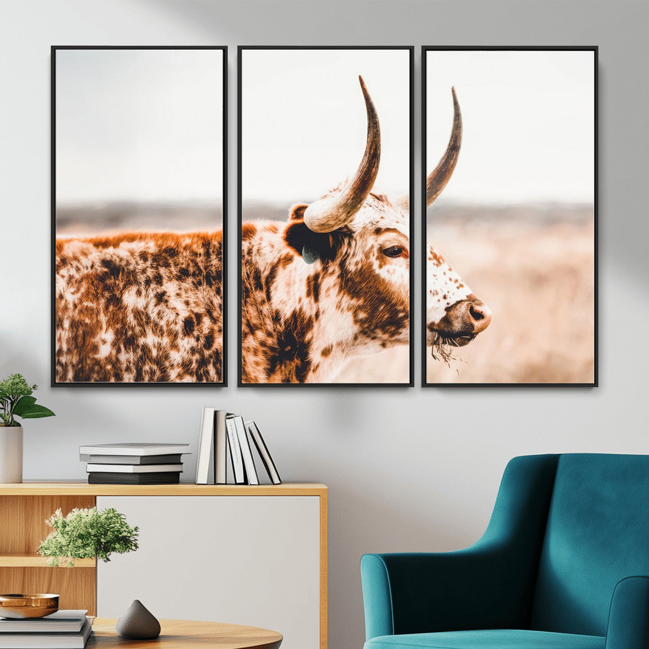 MGV-FC-48X32-3P - Speckled Bull Wall Art Canvas Print – Rustic Cow Longhorn Farmhouse Animal Decor – Western Longhorn