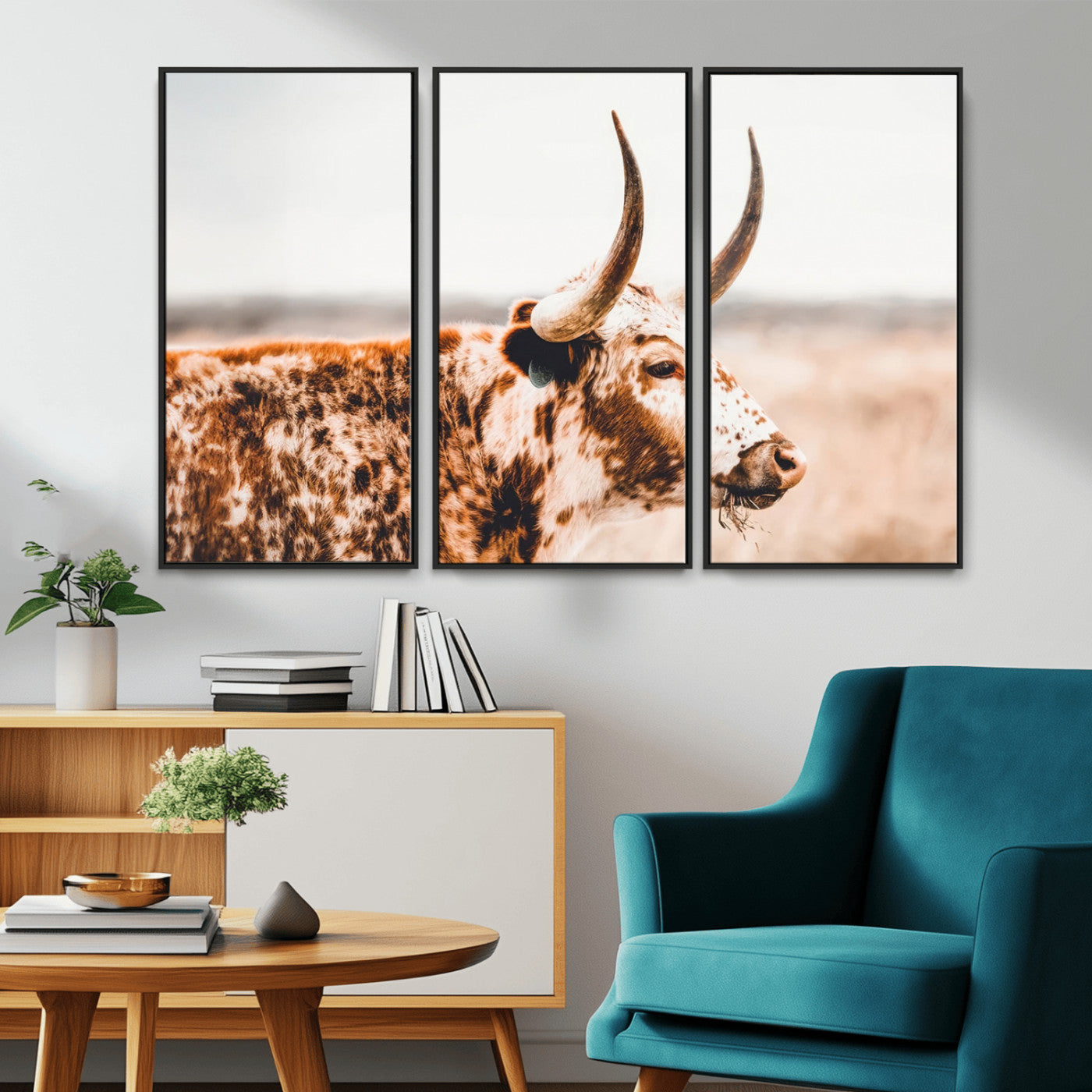 50356-MGV-FC-48X32-3P_Black-Speckled Bull Wall Art Canvas Print – Rustic Cow Longhorn Farmhouse Animal Decor – Western Longhorn