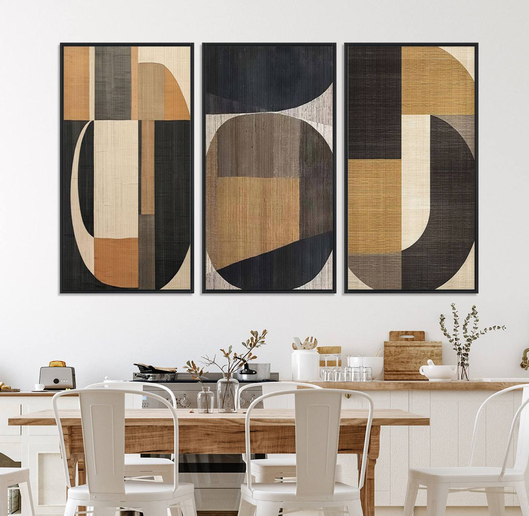 Framed Wabi Sabi Art Print: A modern minimalist geometric canvas featuring earthy tones and overlapping rounded shapes. Ready to hang.